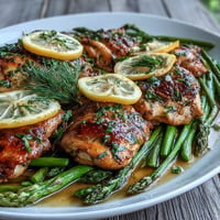 Golden roasted One-Pan Lemon Herb Chicken and Asparagus, ready to serve.