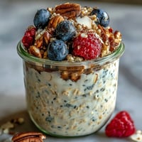 Creamy overnight oats with berries, chia, flax, a healthy breakfast favorite.