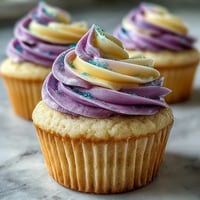 Fluffy vanilla Gemini Birthday Cupcakes adorned with a vibrant, dual-tone frosting swirl.